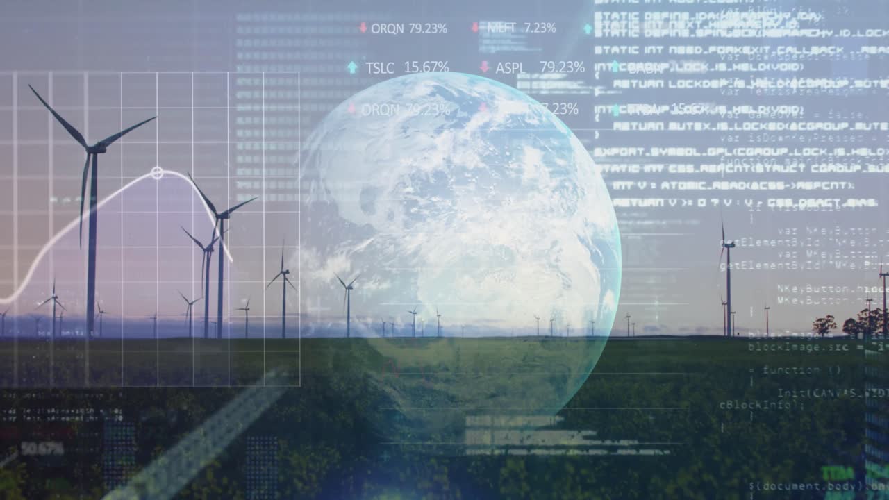 Animation of financial data processing over earth and wind turbines