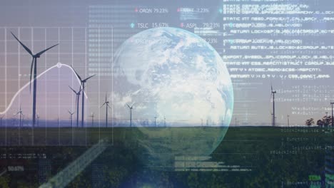 animation of financial data processing over earth and wind turbines