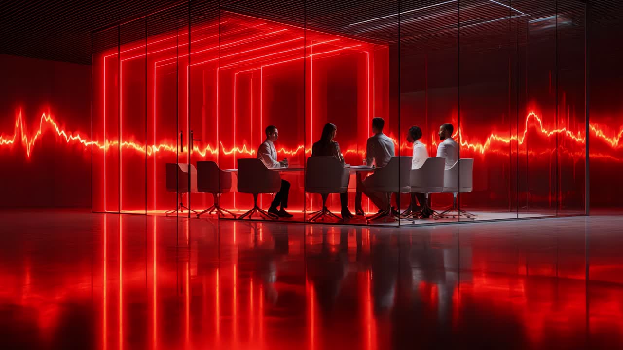 A group of professionals engages in a strategic discussion within an illuminated glass meeting room, showcasing dynamic lighting and a heartbeat-like visual backdrop that energizes creativity