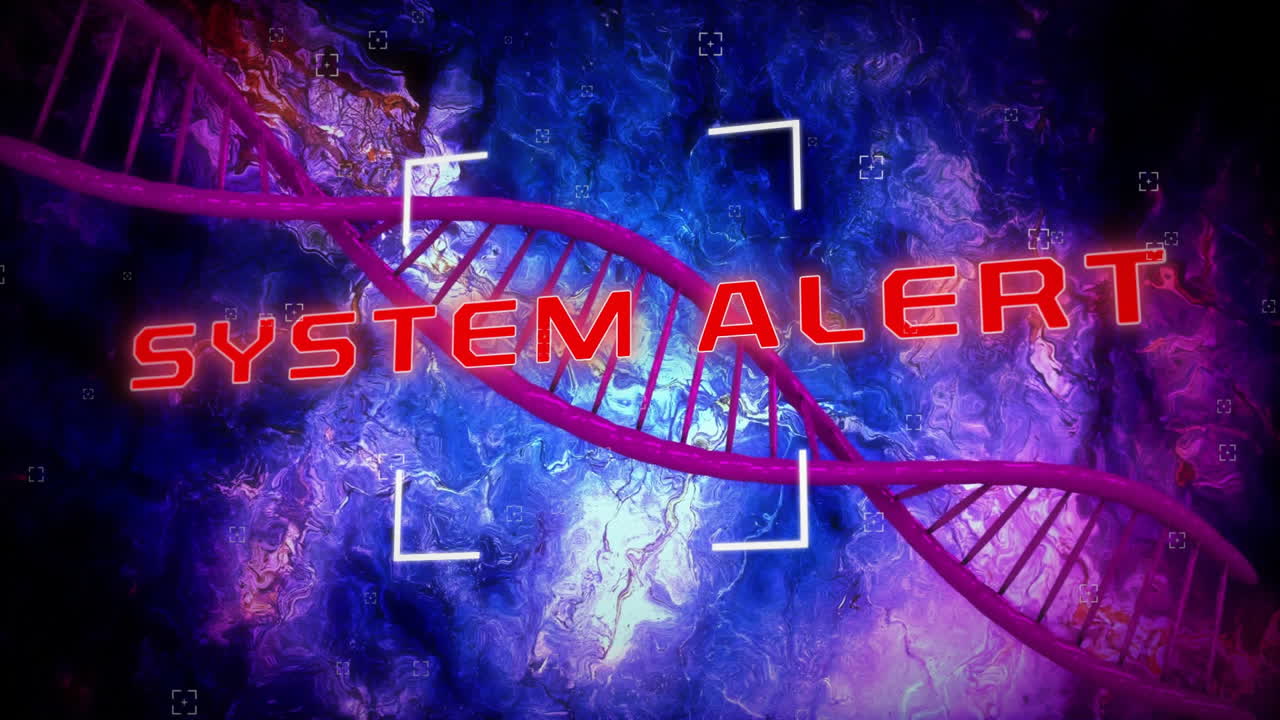 animación de texto de alerta del sistema sobre cadena de adn en fondo azul y púrpura abstracto