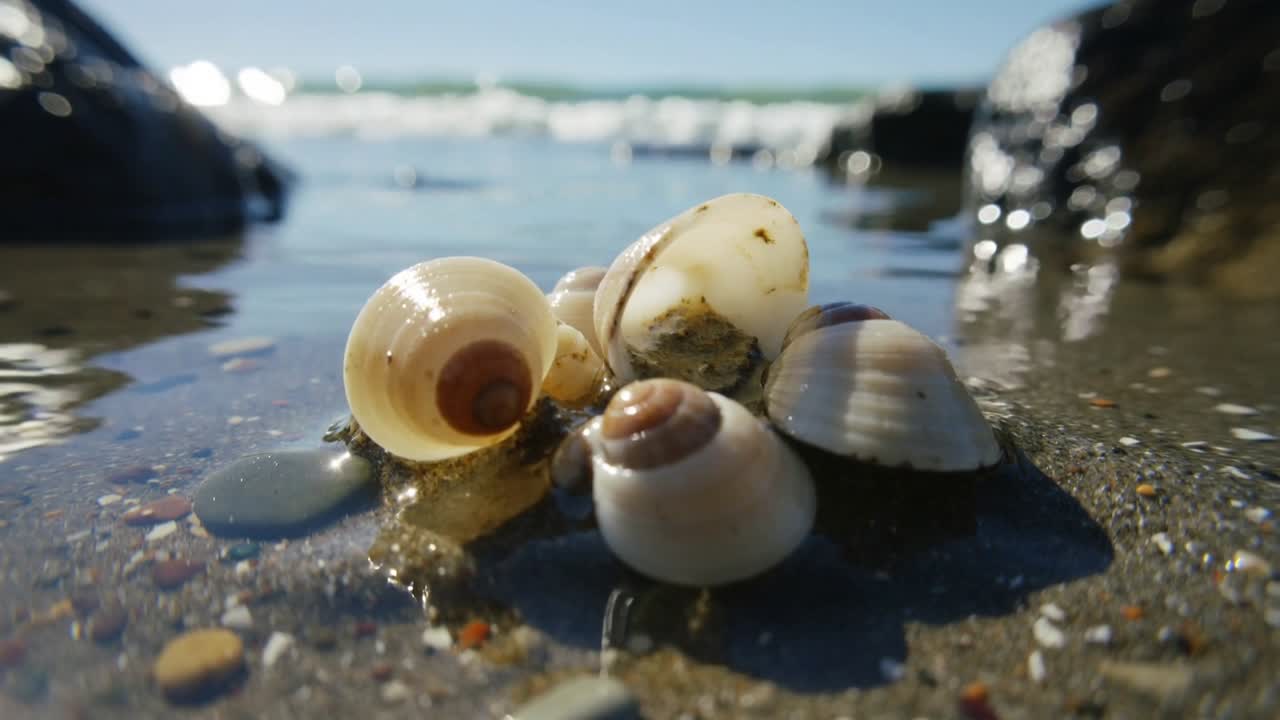 La telecamera si sposta rivelando un gruppo di conchiglie a spirale adagiate sulla sabbia bagnata a riva, con le onde che si infrangono.