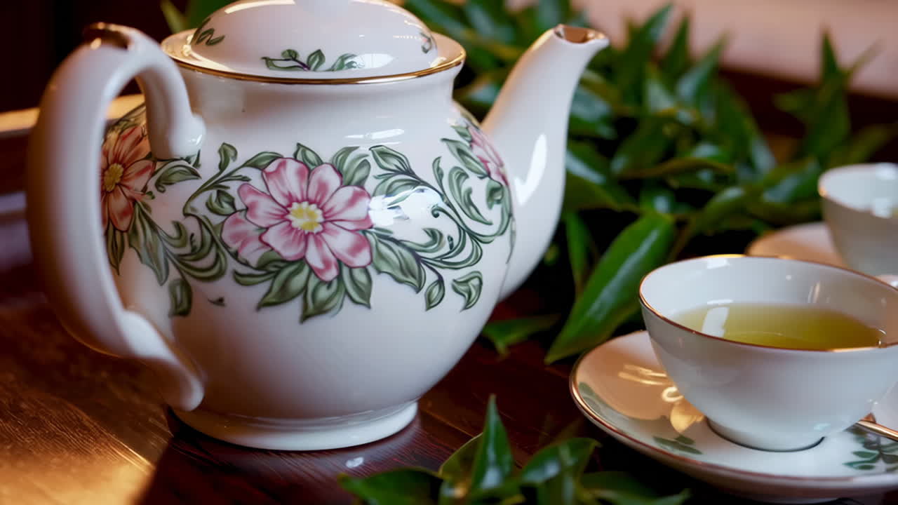 Elegant Tea Setting with Fresh Tea Leaves