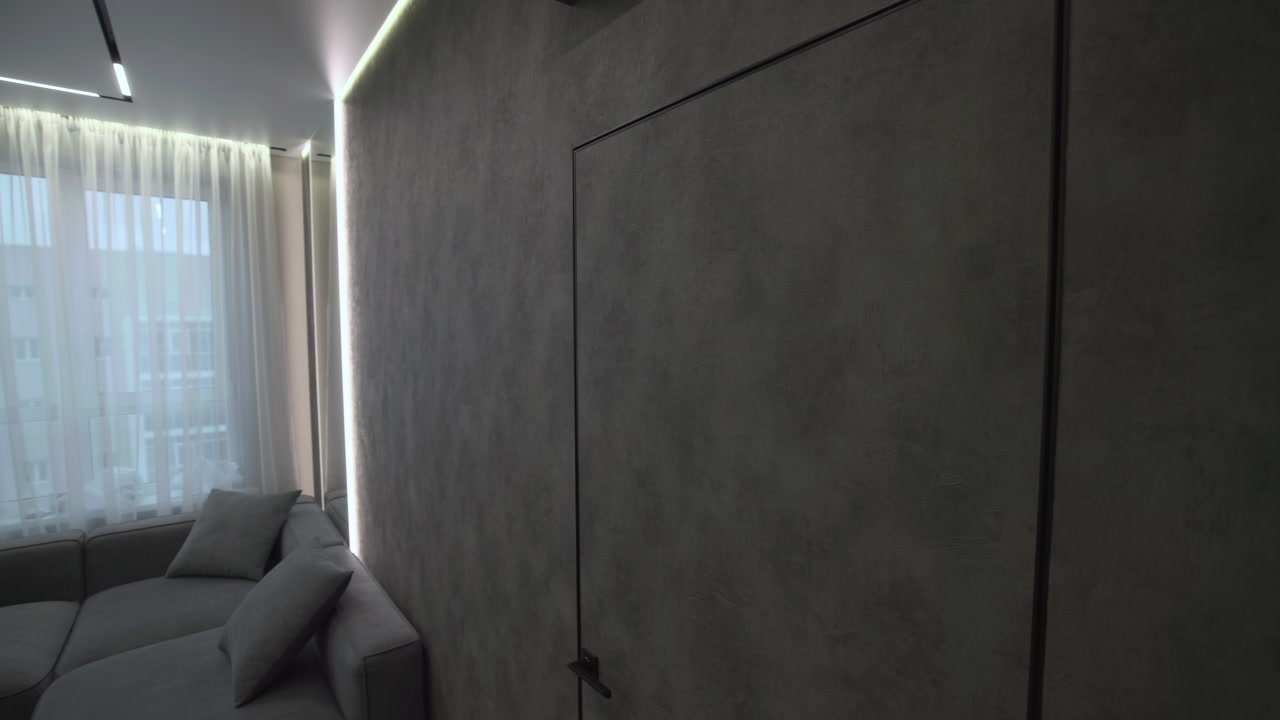Hidden Flush Door In Modern Apartment Livingroom With Concrete Textured Wall Soft Natural Light Curtain . Media