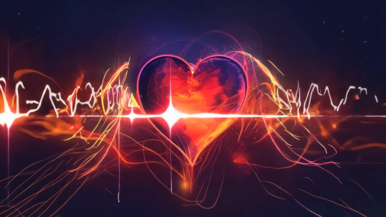 A heart with a red line through it. The heart is surrounded by a red line that looks like an EKG
