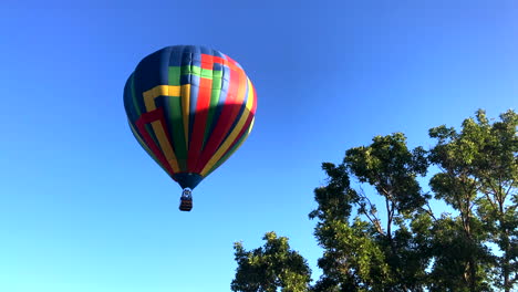 hot air balloon floats by trees