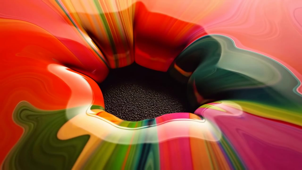 Fluid color fields pull toward frame edges as central black granular opening contracts, while reflective curved shapes create layered depth, radial streaks, and continuous warped motion.