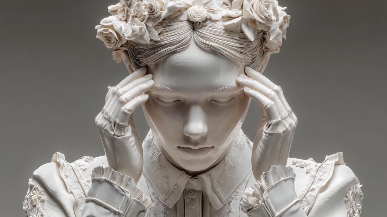 En slående skulptur af en ung kvinde i nød, prydet med blomsterelementer, der fanger dybden af følelsesmæssig uro gennem indviklet design og detaljer.