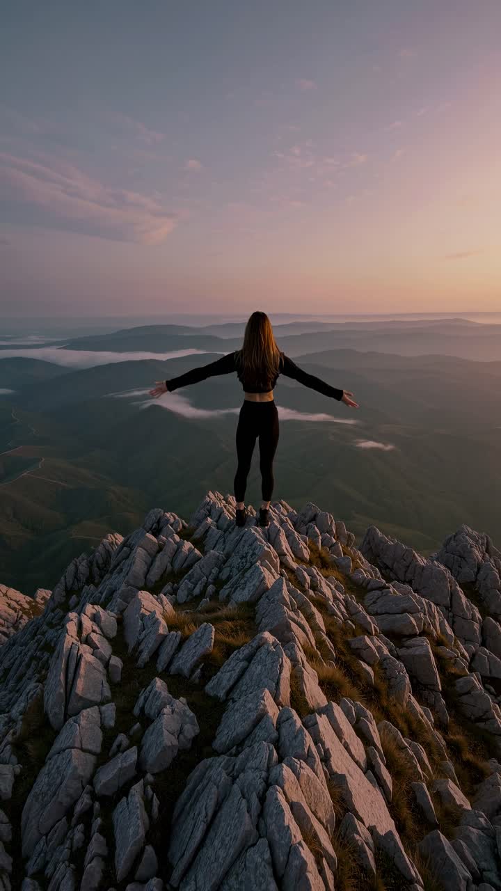 Una donna si erge sulla cima di una montagna con le braccia distese, ripresa da una angolazione dal basso, evocando libertà