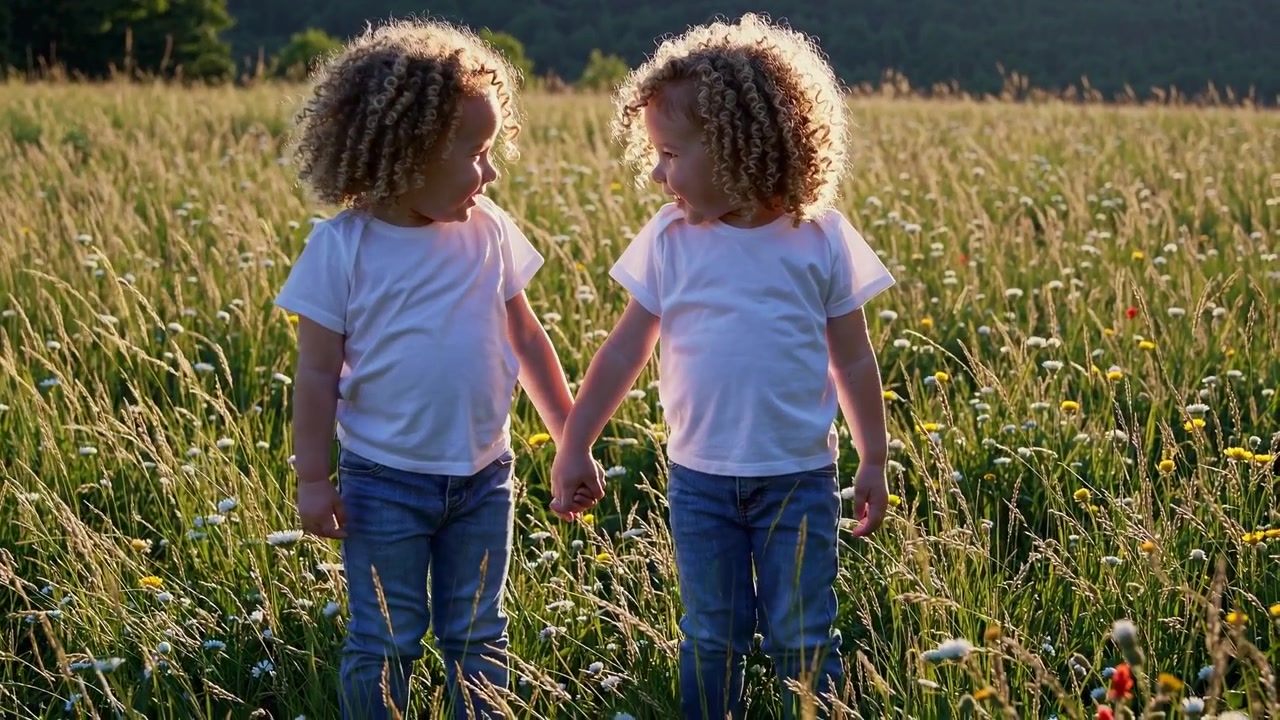 Felici bambini gemelli riccioluti che si tengono per mano in un campo soleggiato