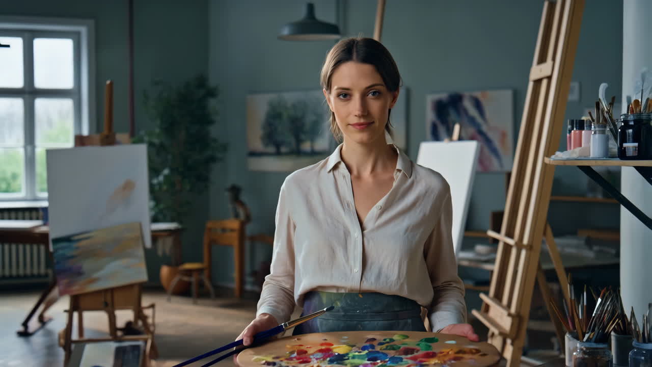 Ritratto di un'artista donna nel suo studio d'arte