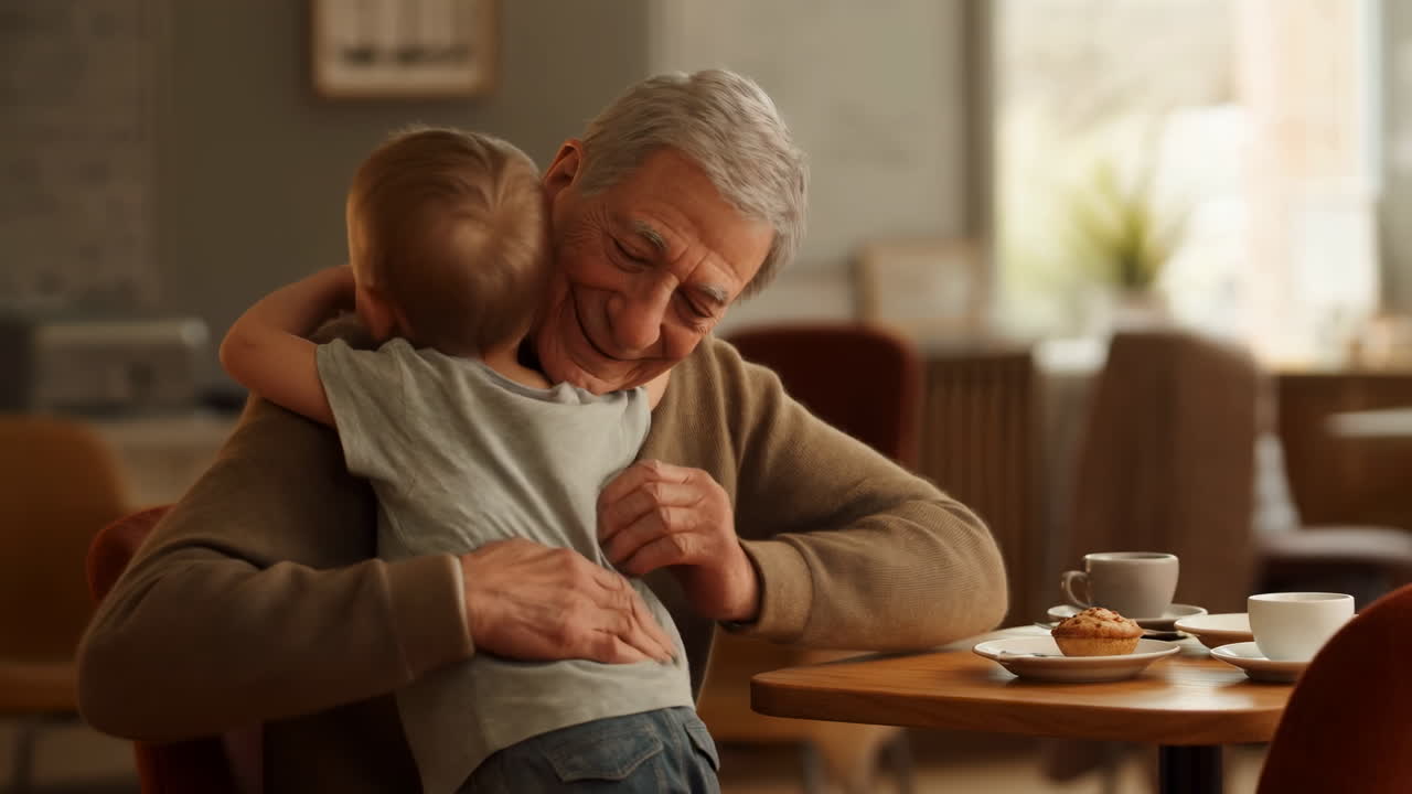 Nonno che abbraccia un bambino piccolo al tavolo, calda mattina al caffè con caffè e pasticcini, ricongiungimento emozionante.