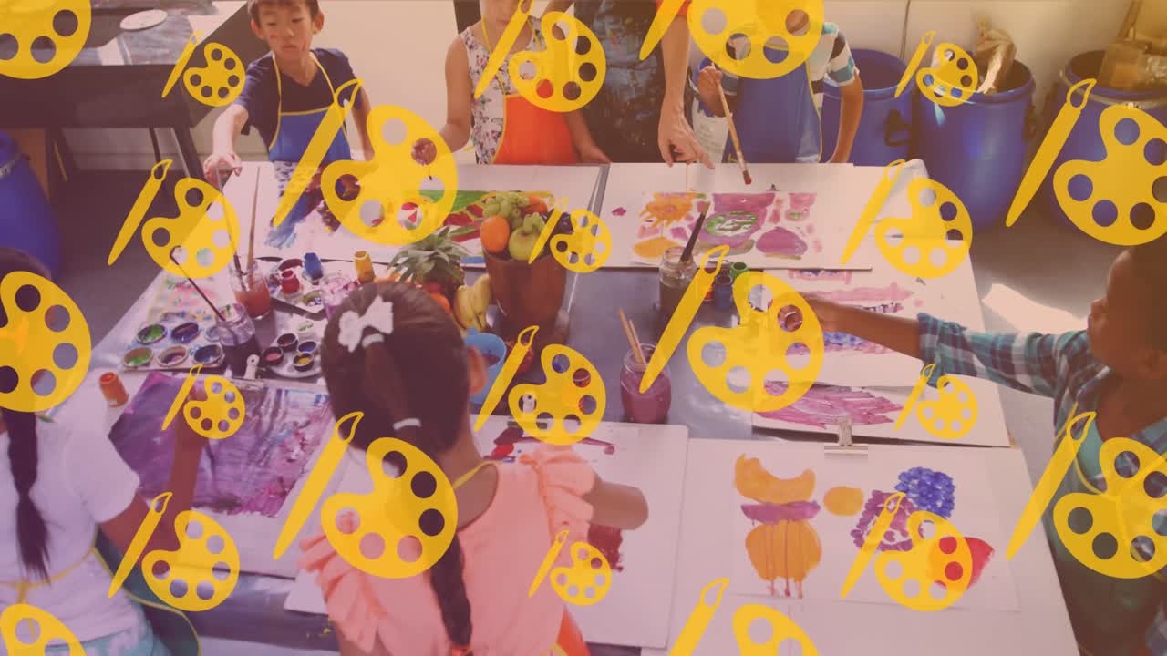 다양한 학교 아이들의 그림 위에 아이콘의 애니메이션