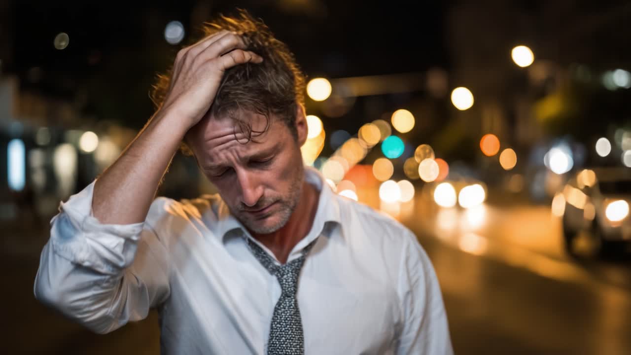 A Troubled Man Stands Under City Lights, Conveying a Deep Sense of Distress and Emotional Turmoil as He Struggles to Cope with Life's Pressures Amidst a Bustling Urban Night