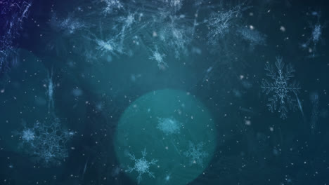 digital animation of snowflakes falling over glowing spots of light against blue background