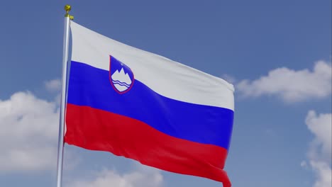 Flag-Of-Slovenia-Moving-In-The-Wind-With-A-Clear-Blue-Sky-In-The-Background,-Clouds-Slowly-Moving,-Flagpole,-Slow-Motion