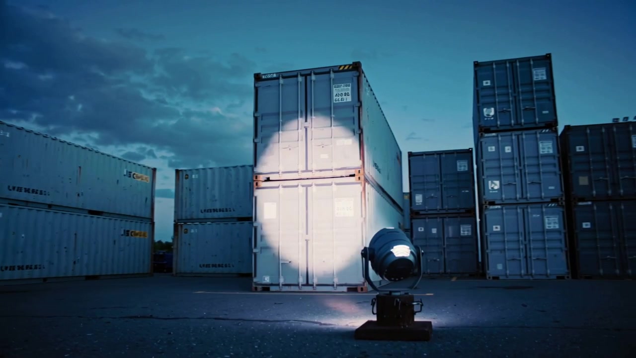 Powering motorized light on pedestal panning across stacked containers in yard at dusk