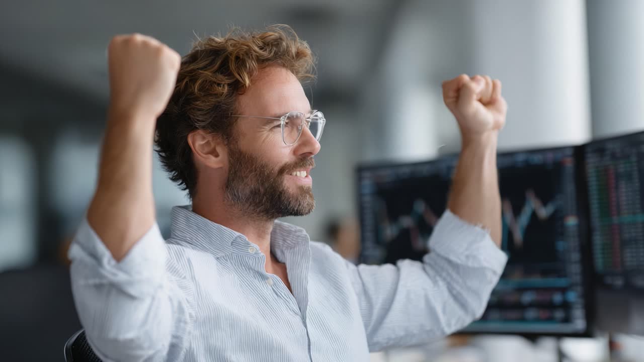 A Joyful Celebration of Success: A Content Professional Thrives in the Moment, Raising His Arms in Exultation Amidst a Busy Workspace with Financial Charts