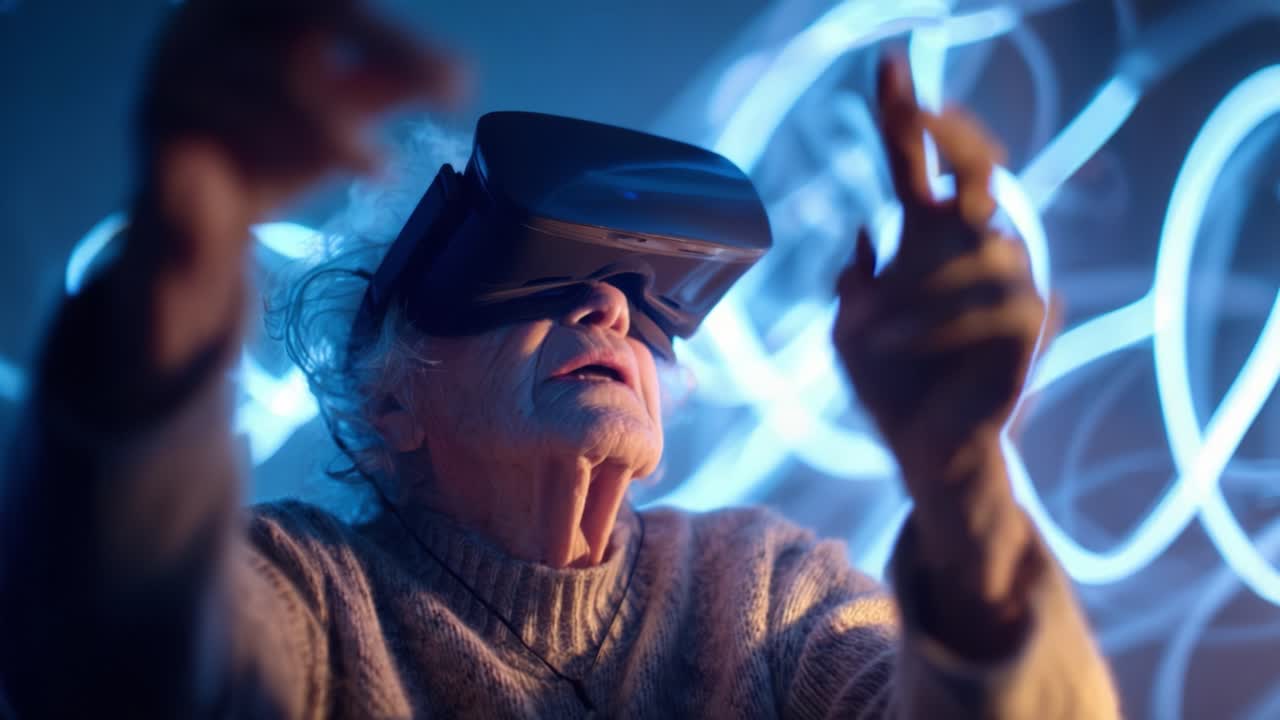 Een oudere persoon ervaart de wonderen van virtual reality en laat de opwinding en nieuwsgierigheid zien die technologie brengt aan alle leeftijden, tegen een achtergrond van heldere, wervelende lichten
