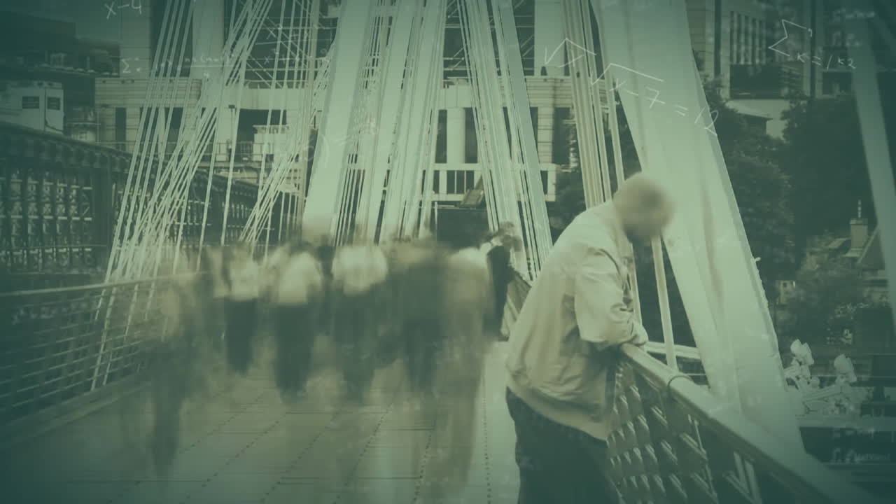 Animation of mathematical equations overlaying people walking on school bridge