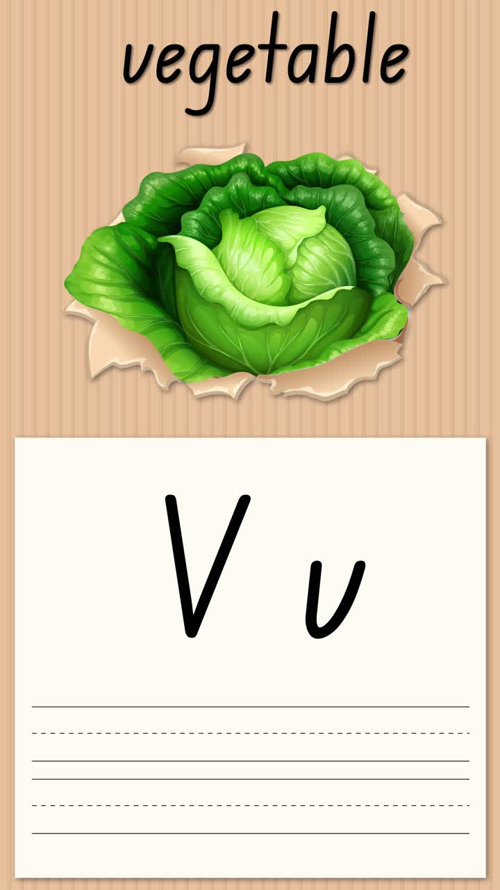 Animazione educativa verticale che insegna la lettera V utilizzando un'illustrazione di un cavolo e linee per la pratica della scrittura a mano