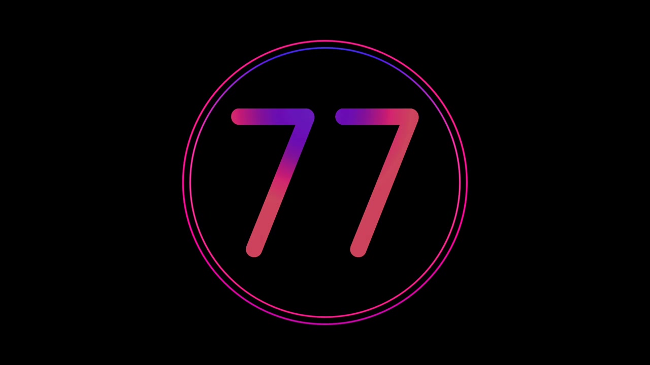 Neon nummer 77 animation. Glødende, flimrende gradient i blå og pink. Digitalt, futuristisk LED numerisk loop. Abstrakt teknologi i cirkellys. Motion graphics. Moderne, minimalistisk, sort baggrund.