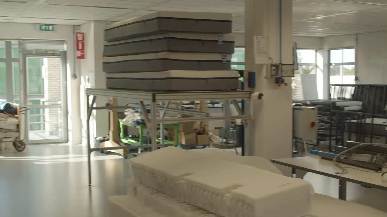 Panoramica su un laboratorio di produzione materassi con macchinari per test e produzione