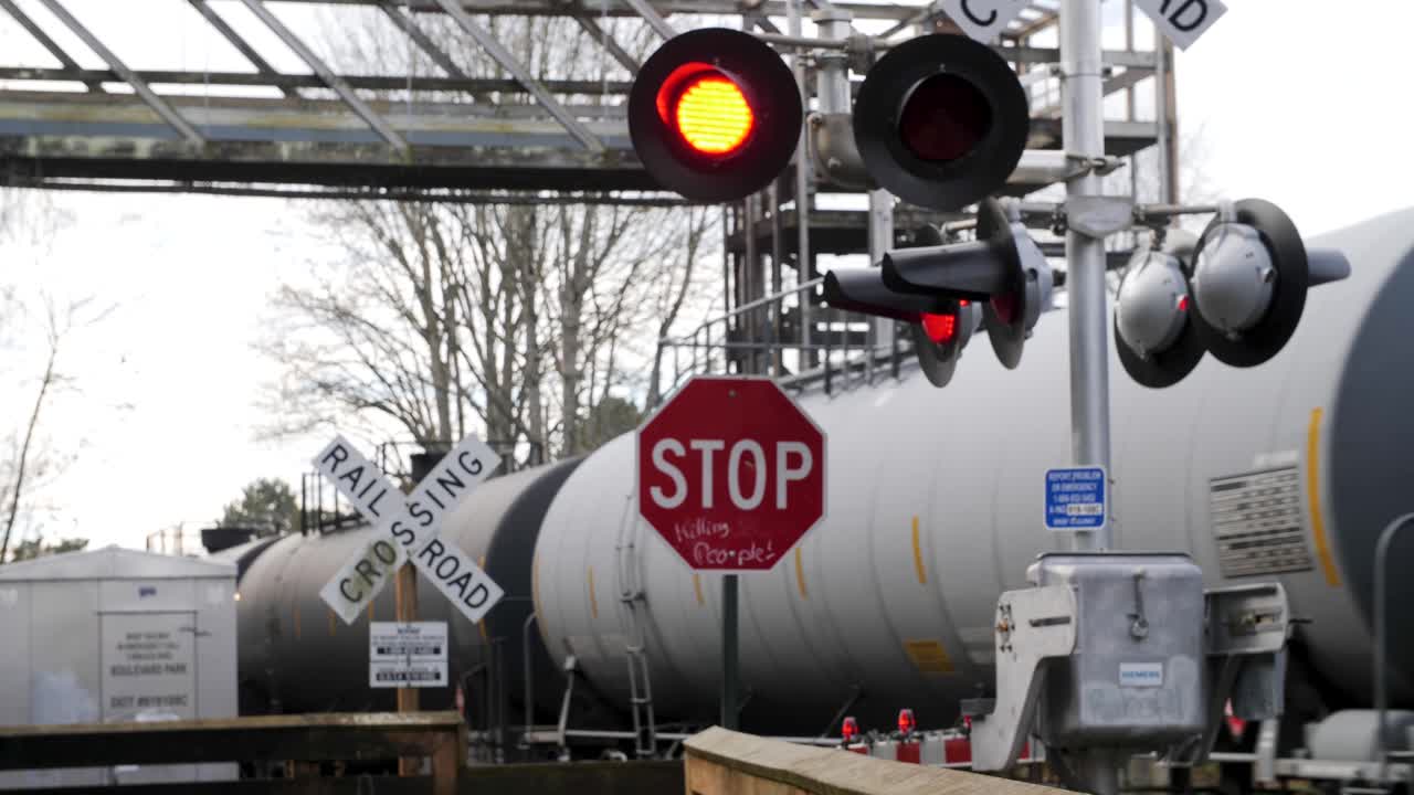 Active railroad crossing sign with train passing in the background.