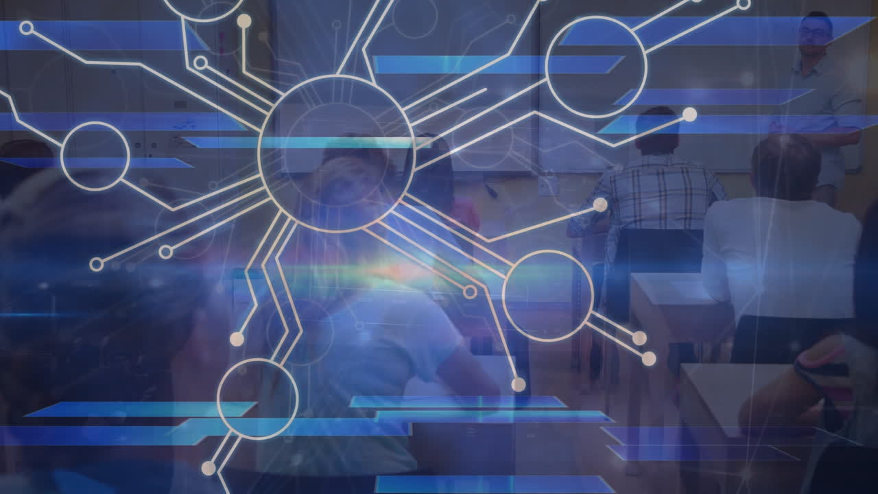 수업 중에 학생들의 뒤쪽을 보는 연결망의 애니메이션