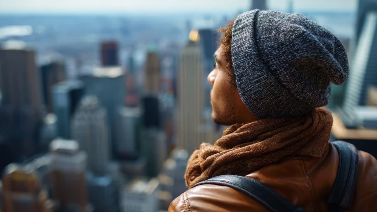 Un viaggiatore riflessivo ammira lo skyline di una città tentacolare, avvolto in calore e stile, ripensando alle avventure da un punto di vista privilegiato sopra le vivaci strade