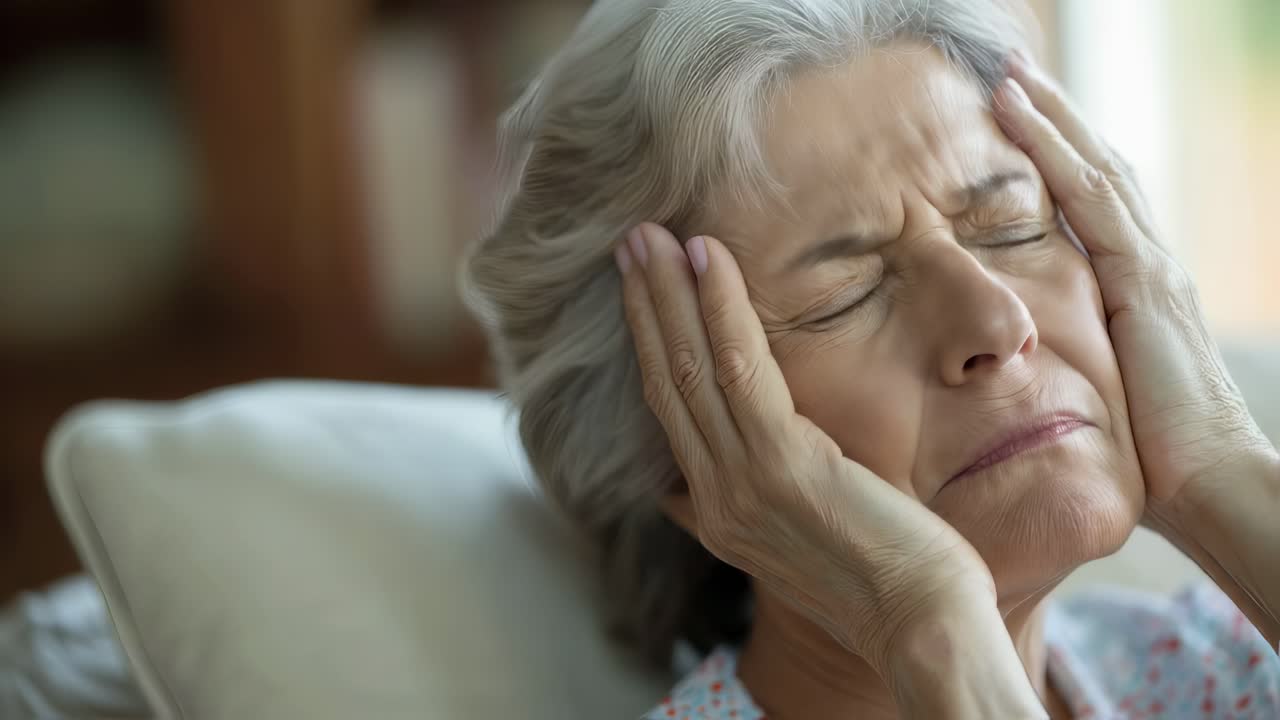 mujer anciana que sufre de dolor de cabeza