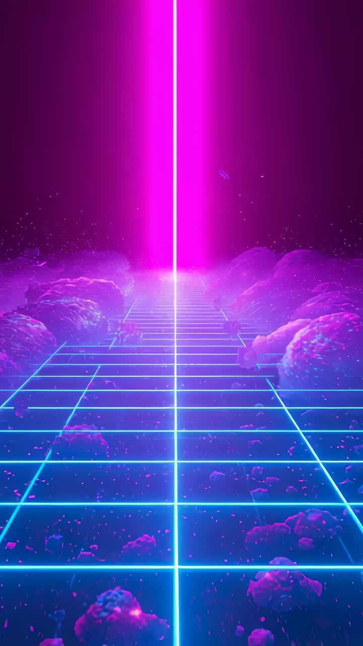 Video verticale: Fascio magenta pulsante che spinge una griglia ciano in un corridoio al neon, con nebbia e rocce che si spostano.