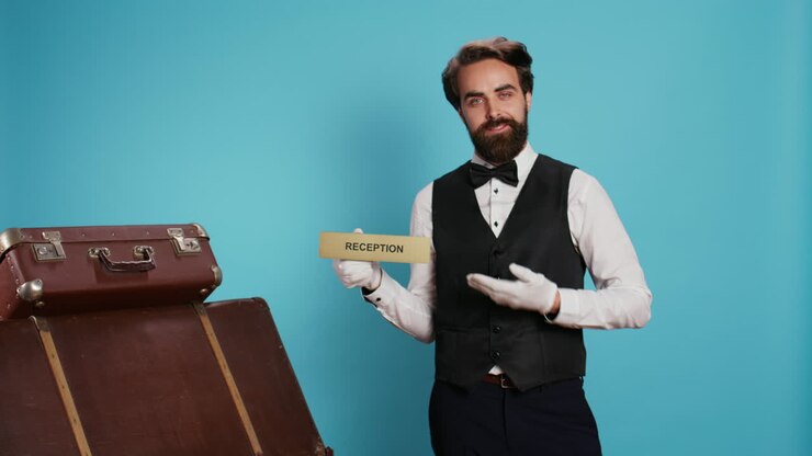 Il personale mostra il puntatore della reception alla telecamera.