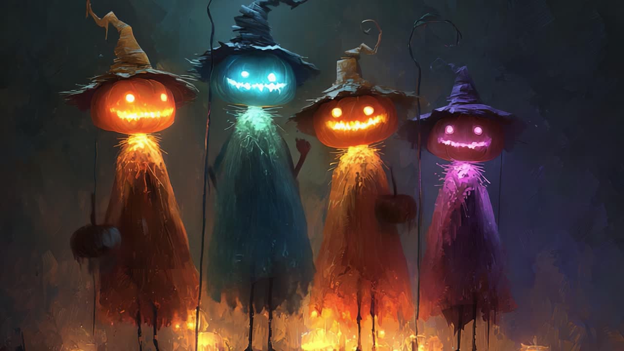 A Whimsical Gathering of Colorful Pumpkin Spirits in Halloween Costumes, Radiating Joy and Eerie Charm, Surrounded by Flickering Lights and a Magical Atmosphere