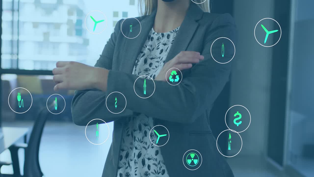 사무실에서 얼굴 마스크를 쓴 백인 사업가 여성에 대한 생태학 아이콘의 애니메이션