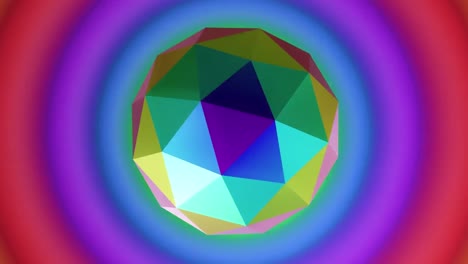 animation of 3d multicoloured shape over neon rainbow background