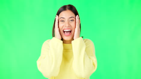 Green-screen,-surprise-and-wow-face-of-woman