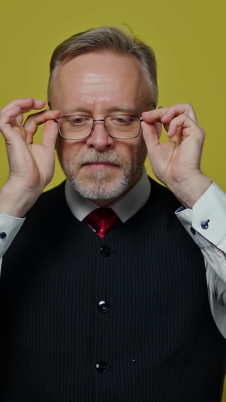 Funny grey-haired man putting on glasses. Senior man in elegant clothing with eyeglasses making amusing eyes on yellow background. Slow motion. Vertical video