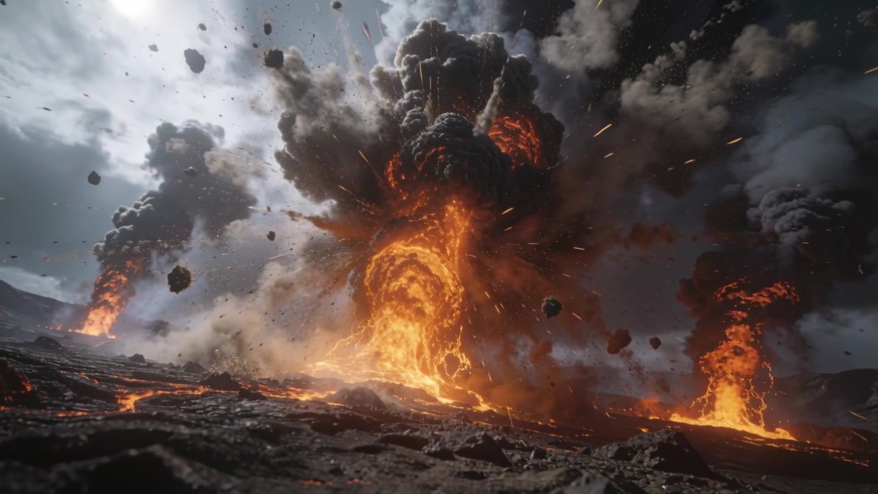 Un cratere in eruzione invia una colonna di lava verso il cielo in un campo lavico, mentre un'ondata di magma scaglia rocce, braci e cenere.