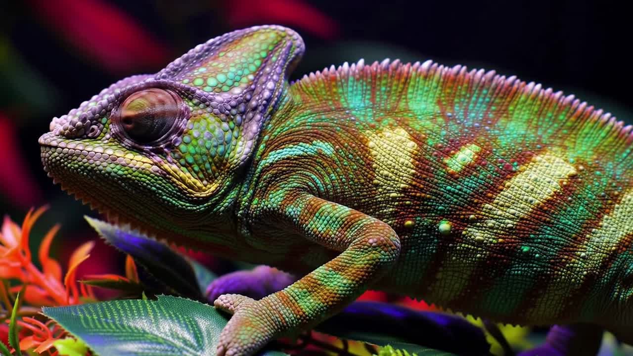 Camaleón velado colorido camuflándose en un terrario
