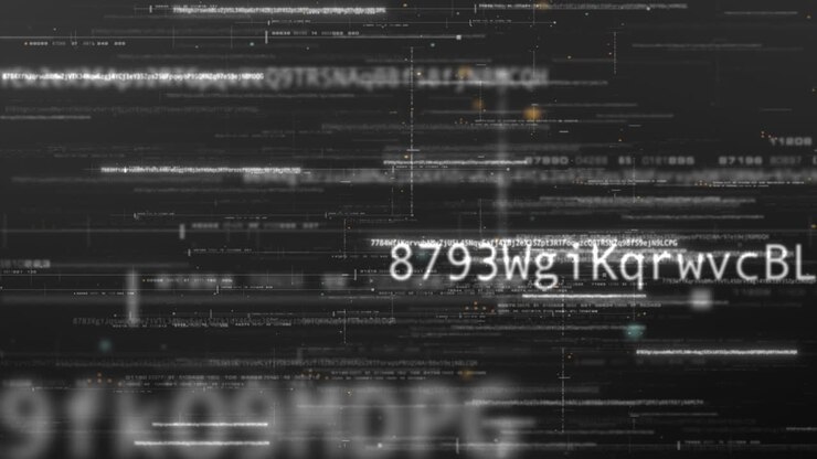 Futuristic cryptocurrency blockchain simulation of cryptographic hash mining concept, performing analytic computational head up display loop background