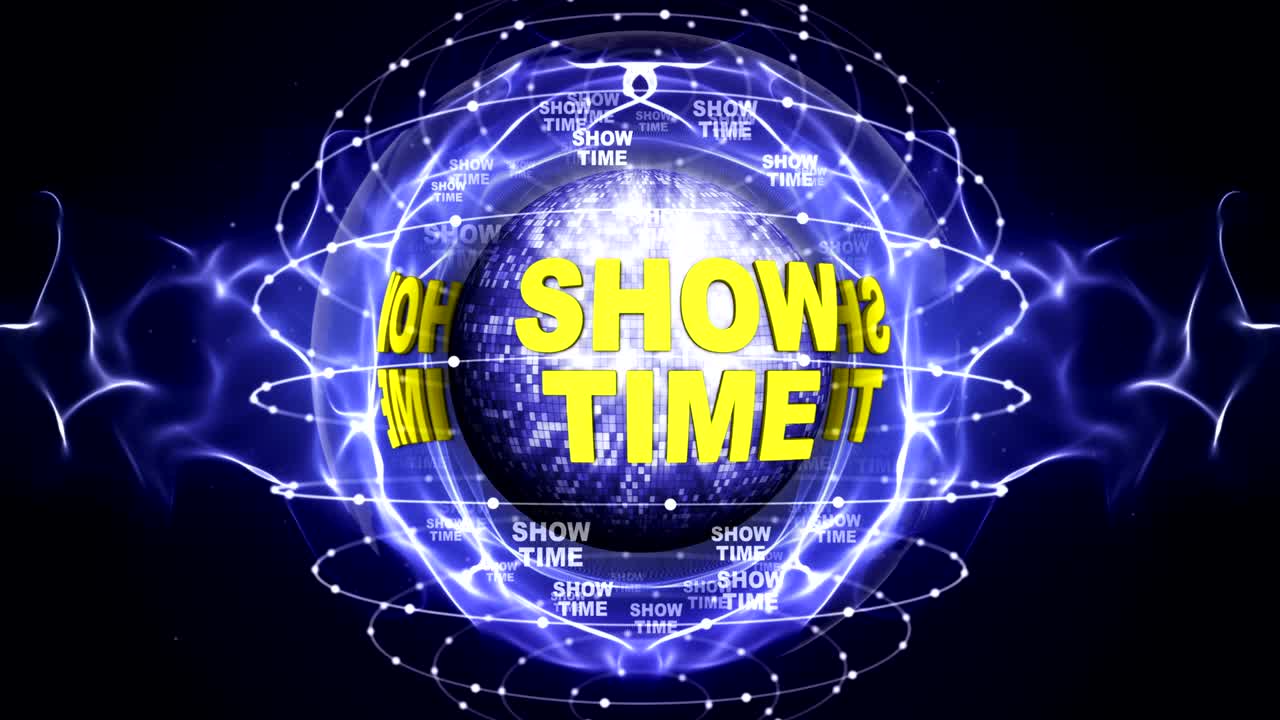 디스코 공, 렌더링, 배경, 루프를 둘러싼 쇼타임 텍스트 애니메이션