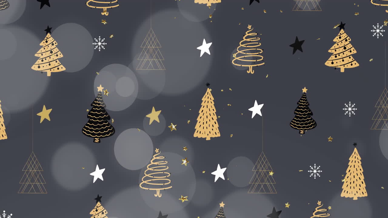 Animation of christmas trees and stars on black background
