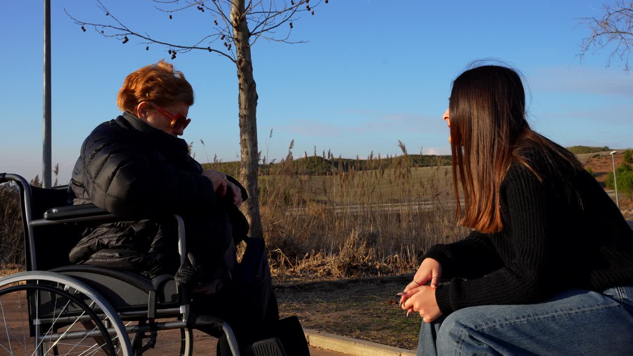 Nonna in sedia a rotelle che conversa in un parco con la nipote.