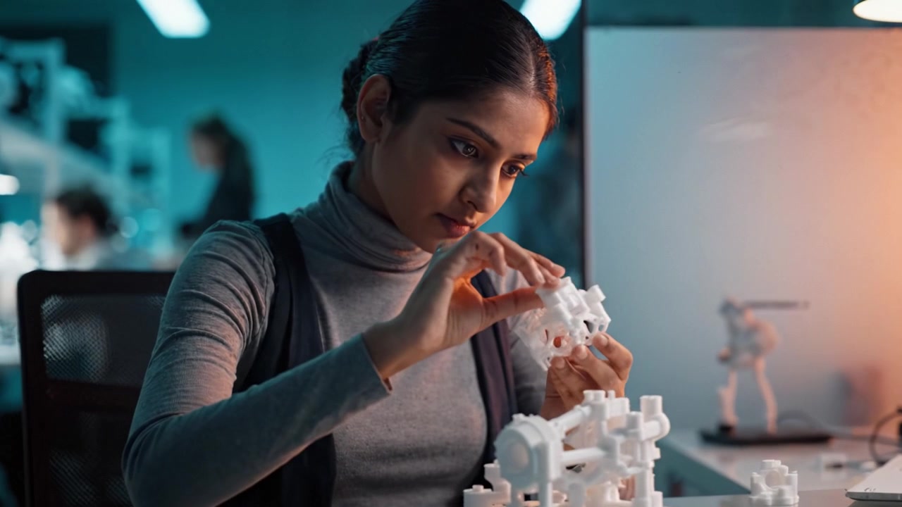 Um Inovador Dedicado Montando um Modelo 3D em uma Oficina Moderna, Exibindo Precisão e Criatividade em um Ambiente Focado de Artesanato e Design