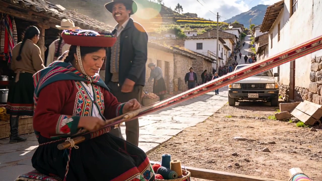 Donna andina con cappello che tesse un panno su un telaio e lo vende al mercato, con una coppia che cammina dietro di lei.