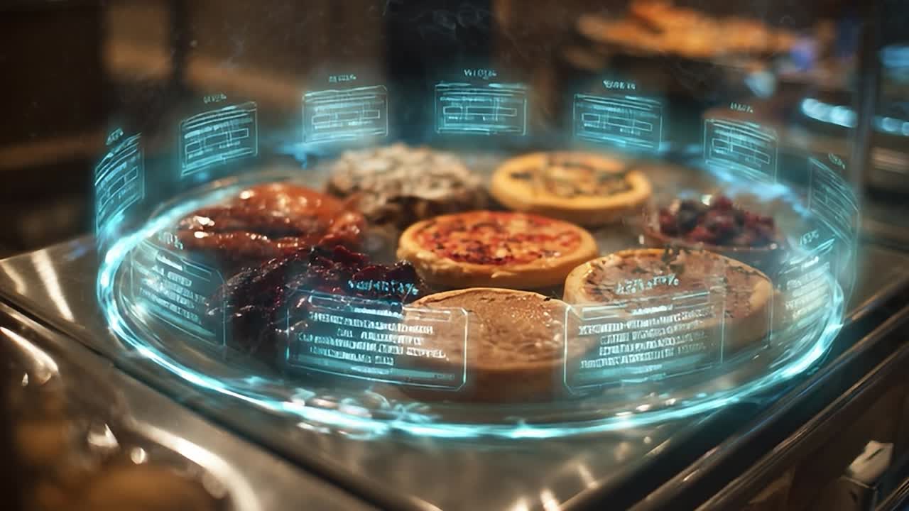 Exhibición futurista de varios postres en un restaurante moderno