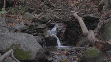 Agua-Que-Fluye-A-Través-De-Rocas-Y-Hojas-De-Otoño-En-Wissahickon