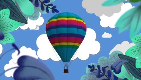 animación de un globo volando sobre el cielo con nubes y hojas