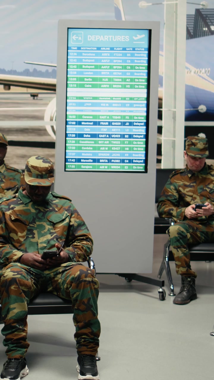 Military squad in airport terminal looking at plane departure timetable on phone