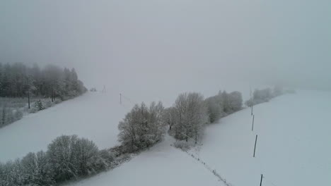 Backwards-drone-dolley-shot-during-a-snow-shower-and-fog-over-a-winters-landscape